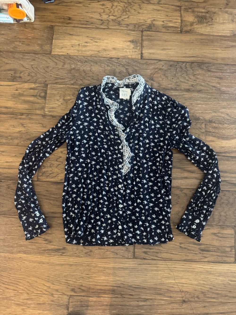 Sezane Navy Blue Floral Button-Down Shirt with Lace Trim